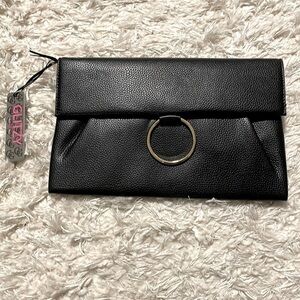 Women's Black & Gold O Ring Fold Clutch Purse With Crossbody Chain Strap